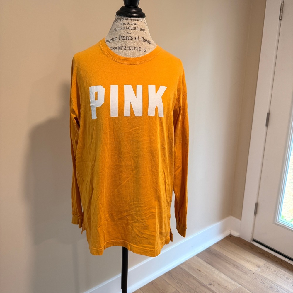 Victoria's Secret PINK Women's Mustard Yellow Long Sleeve PINK T-Shirt Size L